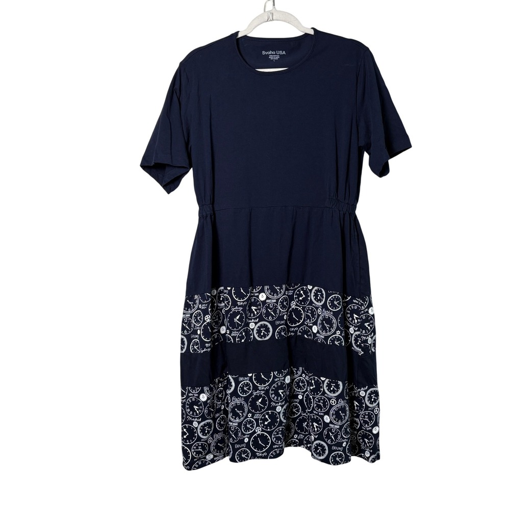 Svaha USA Dress Size L Navy Blue World Clock Pockets Cotton Short Sleeve Artsy